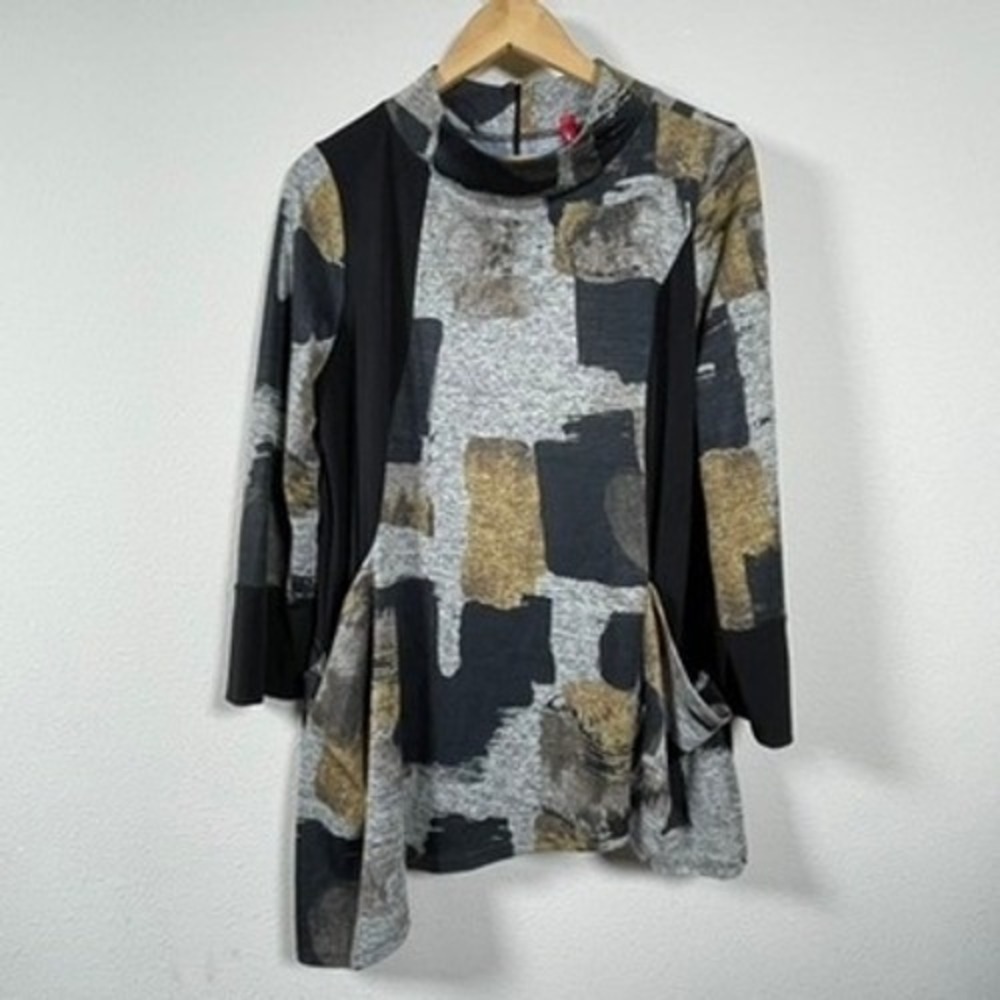 IC by Connie K Tunic Top Women‎ L Grey Gold Artsy Abstract Mock Neck Pocket USA